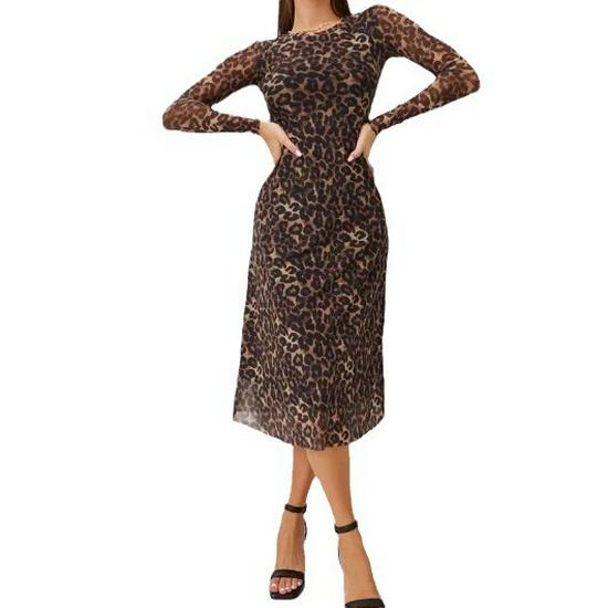 2023 European & American Leopard Print Mesh Long Sleeve Sexy Slim Fit Dress