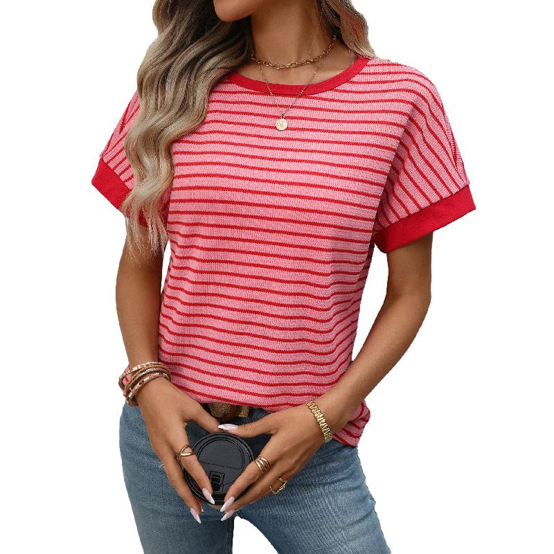 2026 Summer New Women's Casual Round Neck Patchwork Short Sleeve Striped T-Shirt
