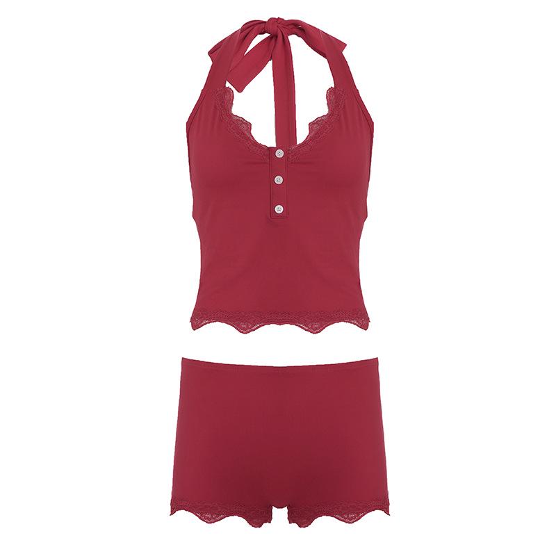

Chic Lace Halter Top & Solid Shorts Set S