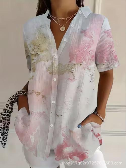 European and American summer hot-selling shirts, short-sleeved women's clothing, printed fashion lapel shirts, tops, casual women's clothing