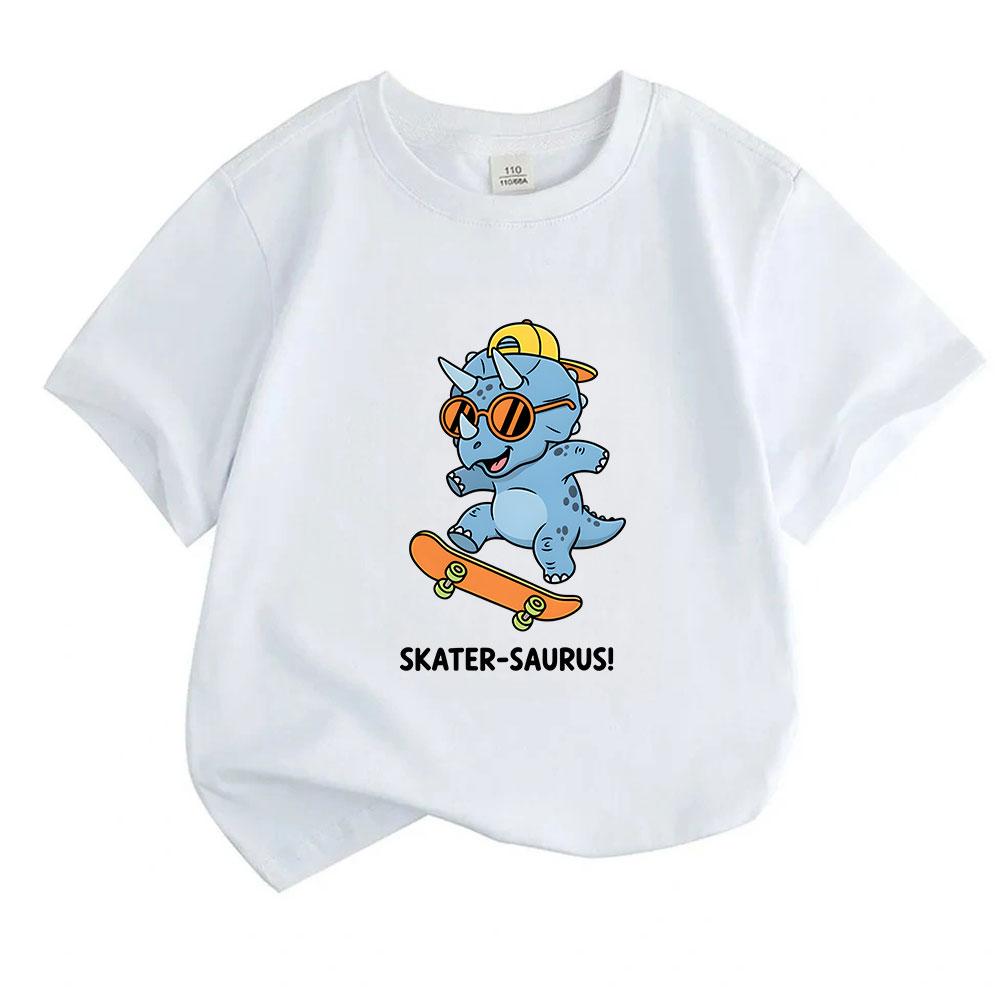 Kids Boys Girls 100% Cotton Crew Neck Short Sleeve T-Shirt, Cool Cartoon Skater Triceratops Dinosaur Skateboard Printed Casual Tees for Toddler Childr