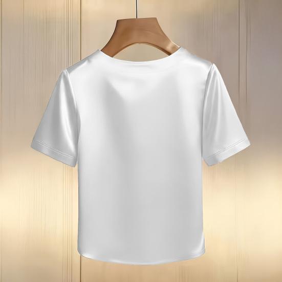 Damen T-Shirt Rundhals Satin Stoff T-Shirt mit Handgenähten Imitationsperlen Kurze Ärmel Lockerer Schnitt Lässige Oberteile