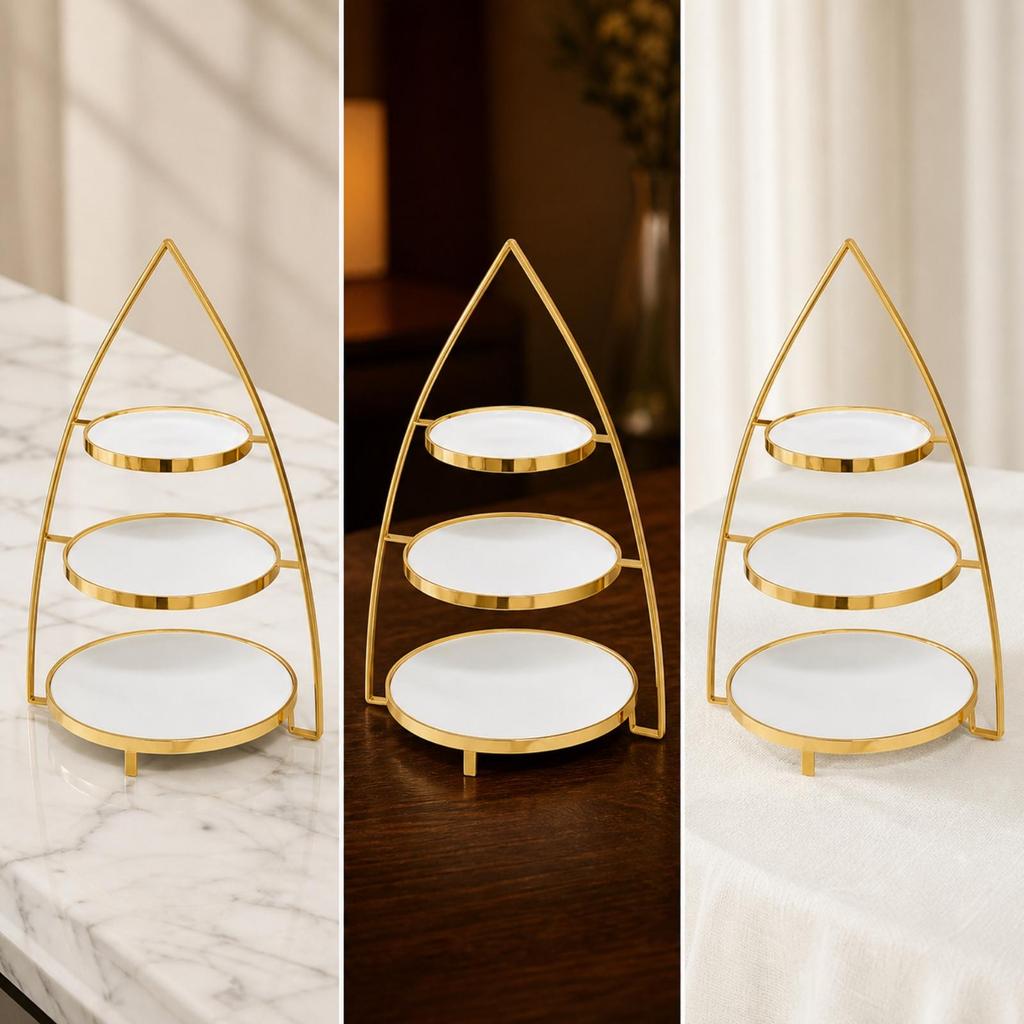 Ceramic Dessert Display with Gold Metal Frame Glossy for Afternoon Tea, Weddings