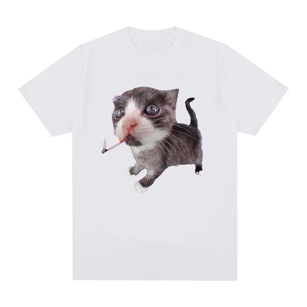 Funny Smoking Cat Meme Cigarette Kitten Graphic T-Shirt Women Clothing Fashion Vintage T-shirts Casual T Shirts