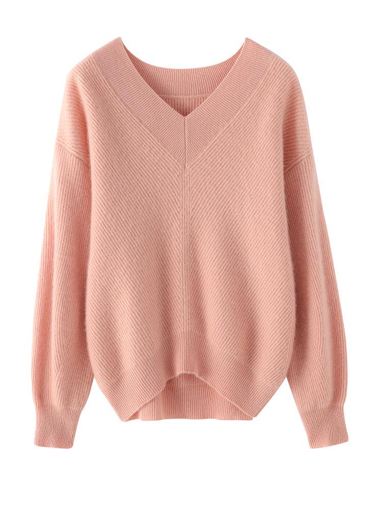 Women's V-neck Pure Cashmere Ribbed Stitch Loose Sweater - Autumn/Winter Thick, Skin-friendly Base Layer