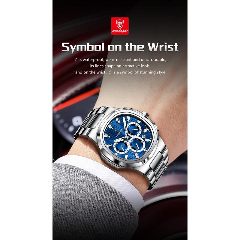 POEDAGAR Business Man Wristwatch Date Chronograph Waterproof Luminous Luxury Watch Stainless Steel Quartz Watches Male