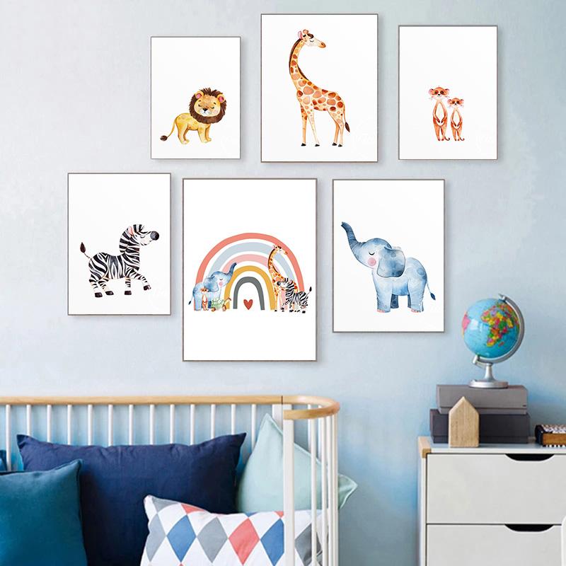 Baby Nursery Wall Poster Print Rainbow Animal Canvas Painting Nordic Wall Art Children Bedroom Wall Picture Kids Room Decor Art