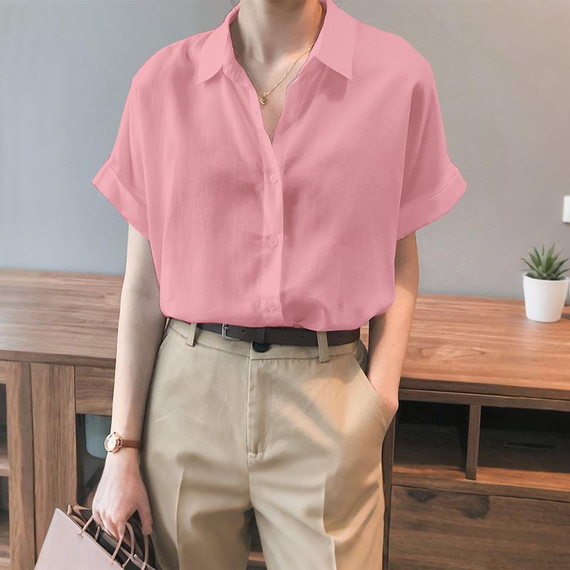 

ZANZEA Женская летняя блузка с отложным воротником, повседневная, с коротким рукавом S розовый