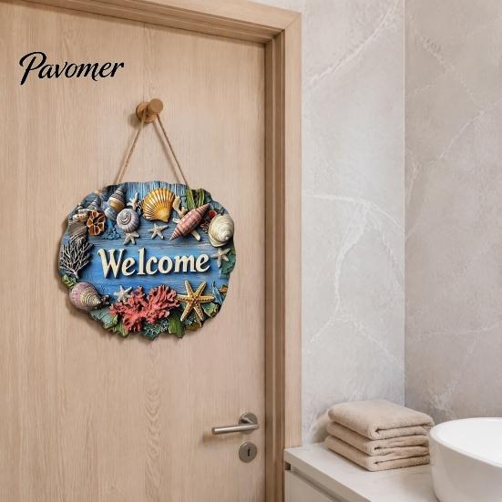 Patio Welcome Plaque Summer Coastal Wooden Wreath, Ocean Sign, Starfish Shell Nautical Hanging Sign Front Door Hanger for Porch, Indoor, Outdoor, Wall