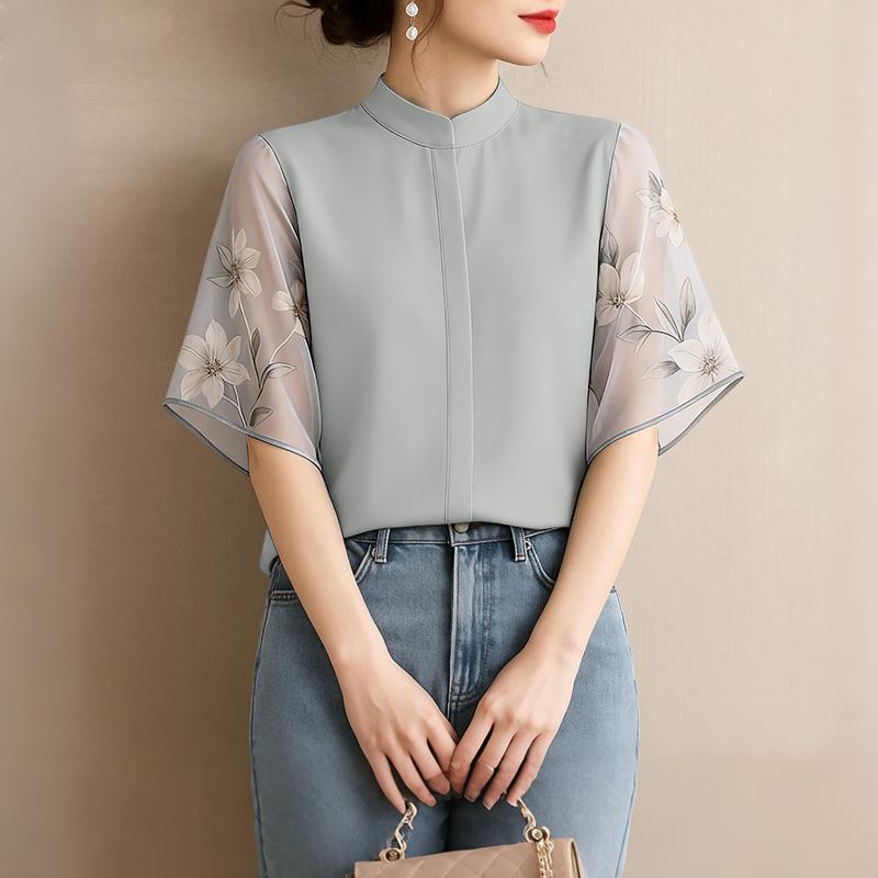 ZANZEA Women Casual Stand Collar Summer Splice Short Sleeve Blouse