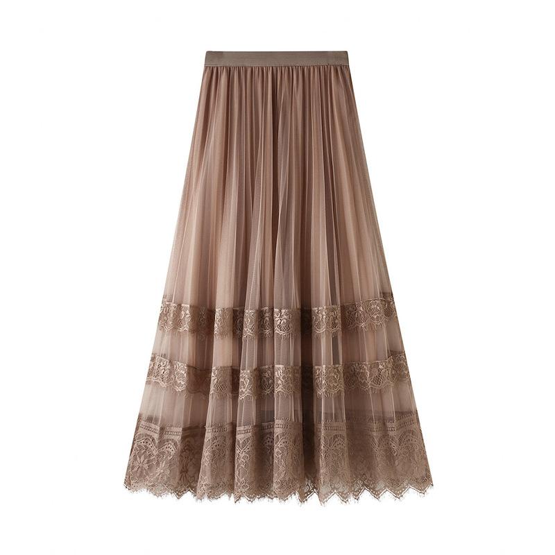 Korean Version of The High-waist Lace Stitching Mesh Skirt Women's Pleated Skirt A-line Mid-length Skirts