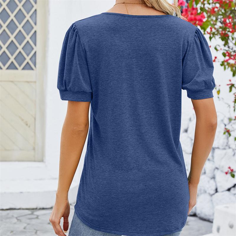 Frühling Sommer T-Shirts Einfarbig Damen Top Mode V-Ausschnitt Knopf Holzohrkante Kurzarm T-Shirt