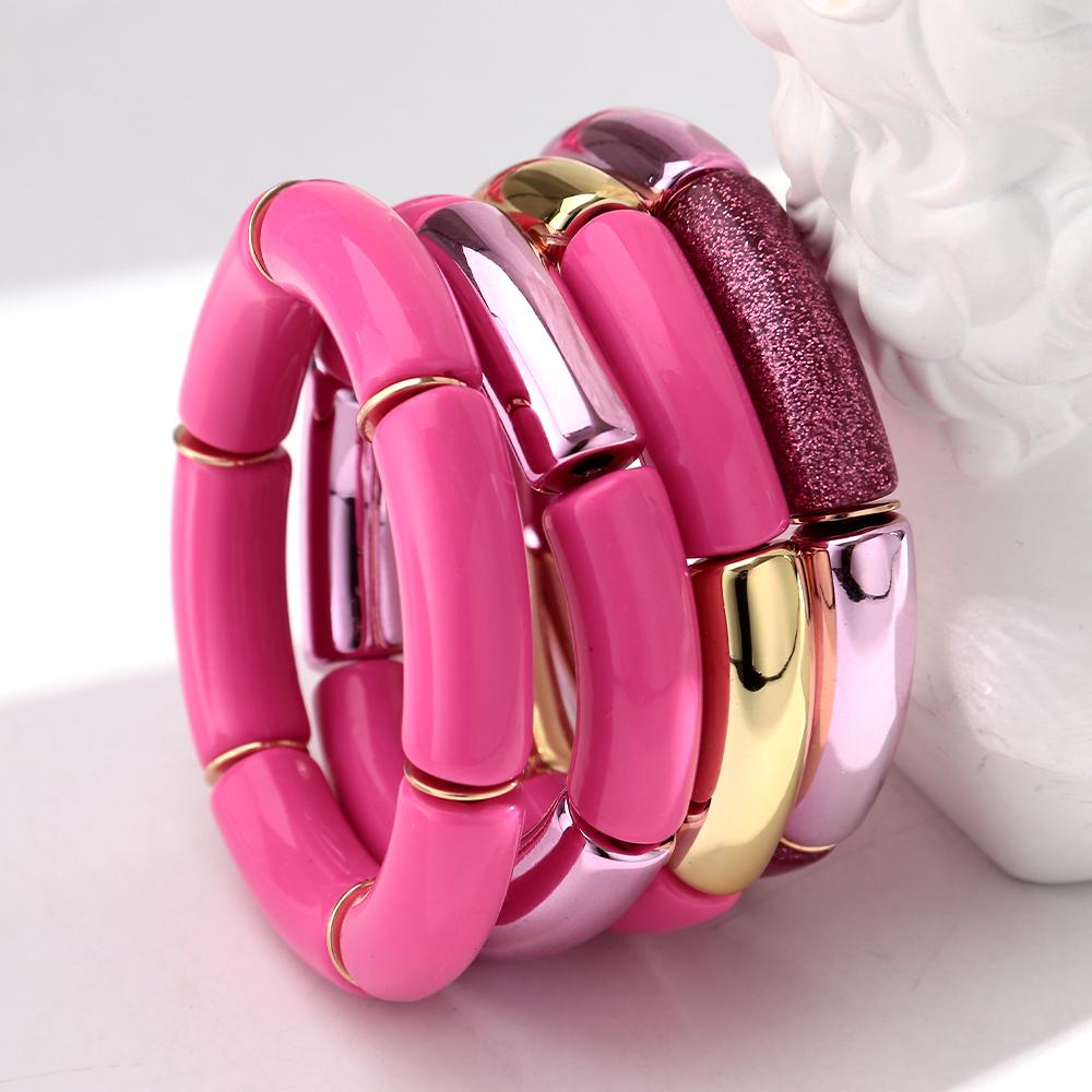 New Fashion Hot Pink Geometric Heart Beads Acrylic Bracelets Necklace for Women Spring Summer Statement Jewelry Accessories Gift