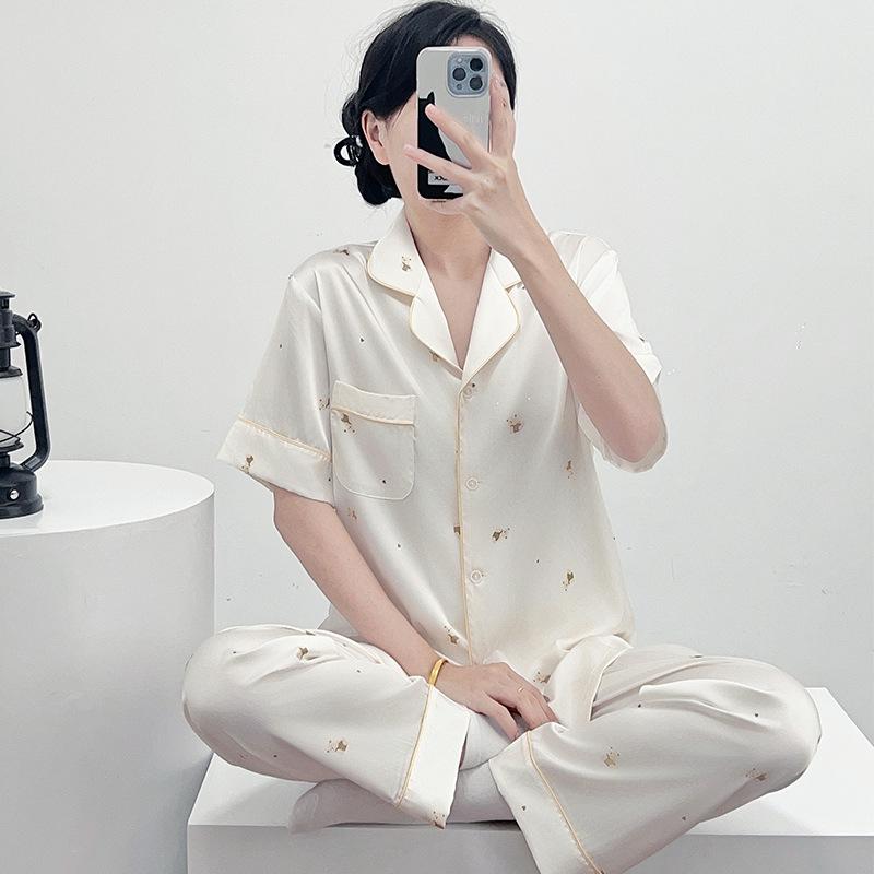 Women's 2025 Ice Silk Pajamas: Summer Thin, Loose Fit, Short Sleeve & Long Pants Set for Spring/Autumn