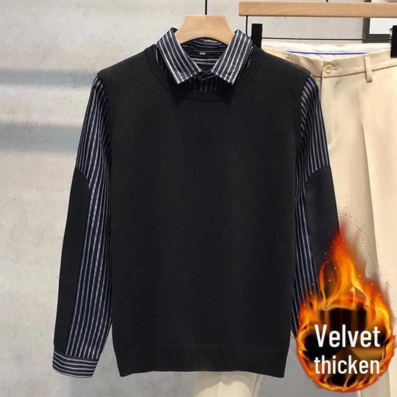 Men's Fake Two-Piece Sweater with Shirt Collar: 2025 Spring/Autumn Patchwork Knitwear Trendy Jacket