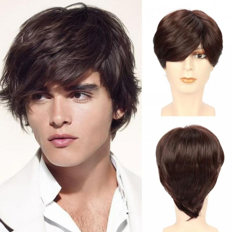 Mens Short Straight Brown Wig With Long Fluffy Bangs Synthetic Hair Daily Wear