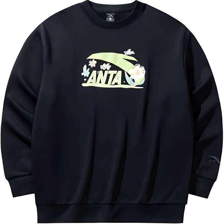 

Anta Lifestyle Series Letter Loose Round Neck Pullover Fleece Casual Hoody Women sweatshirt Basic-Black 962448701-4 S