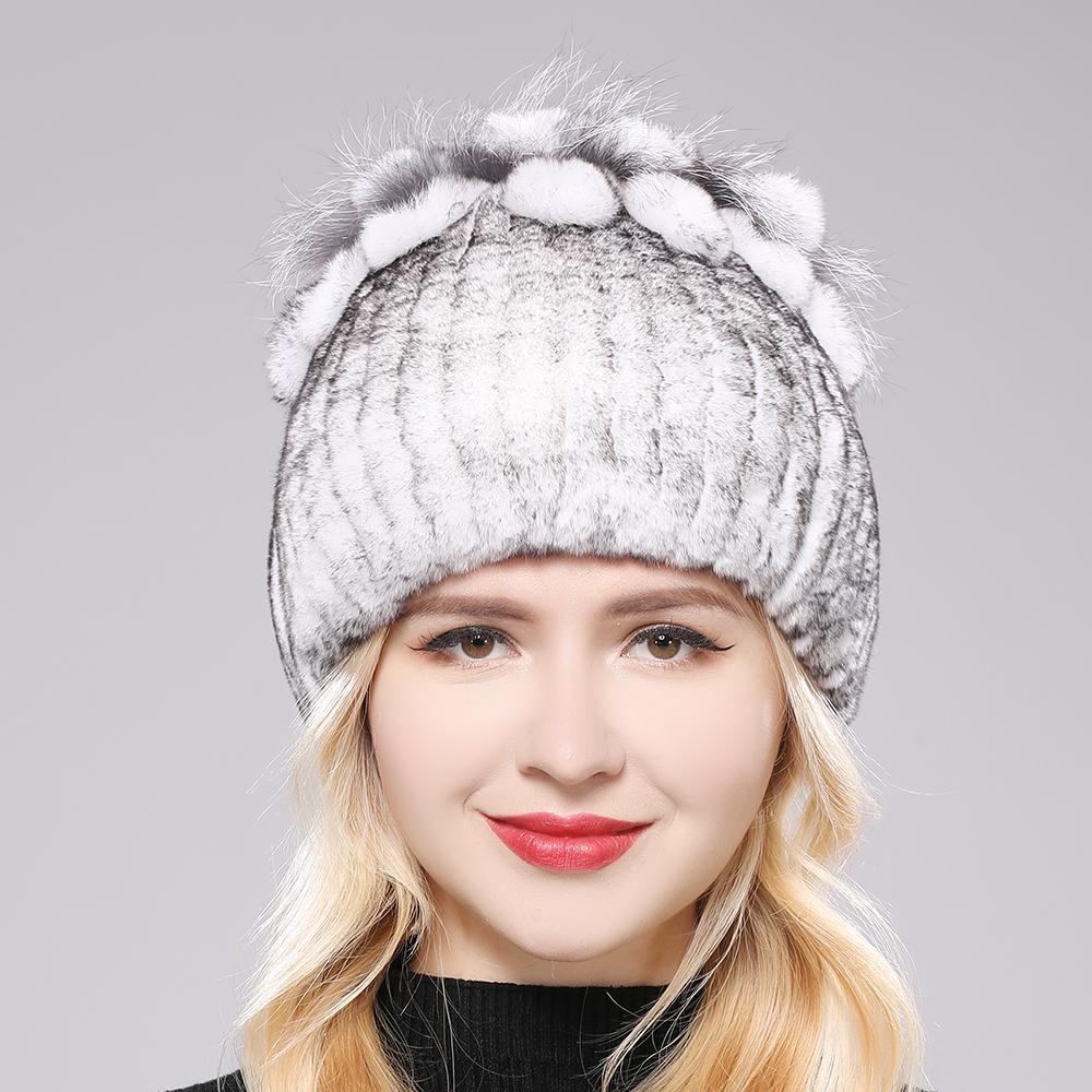 Căciulă Pufoasă de Iarnă din Blană Naturală Blană Naturală de Iepure Rex Căciulă Caldă Tricotată pentru Doamne Căciuli 100% din Blană Autentică