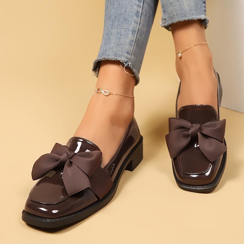 Fashion Bowknot Slip On Loafers for Women Solid Color Patent Leather Shoes Woman Comfort Soft Sole Platform Loafers