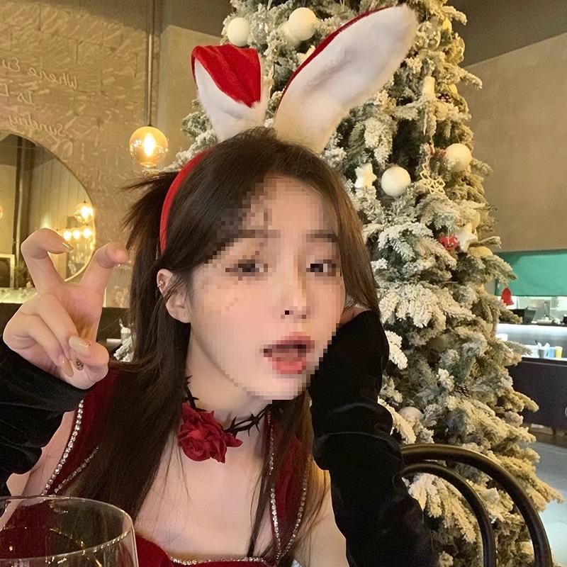Serre-tête Oreilles de Lapin Floconnées Coréennes – Édition Noël pour Femmes