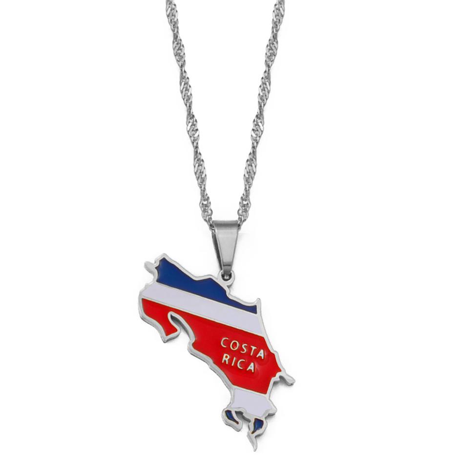 Costa Rica Flag Charm Necklace La Republica De Costa Rica Map Pendant with Thin Stainless Steel and Silver Chain #208721 40cm / 16 inches серебряный