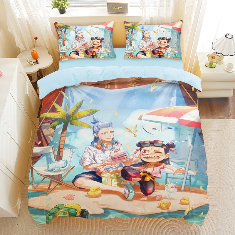 Nezha 2 Movie Three-piece Set Cartoon Quilt Cover Pillowcase Shen Gongbao Aobing Quilt Cover Sanded Pillowcase Bedding