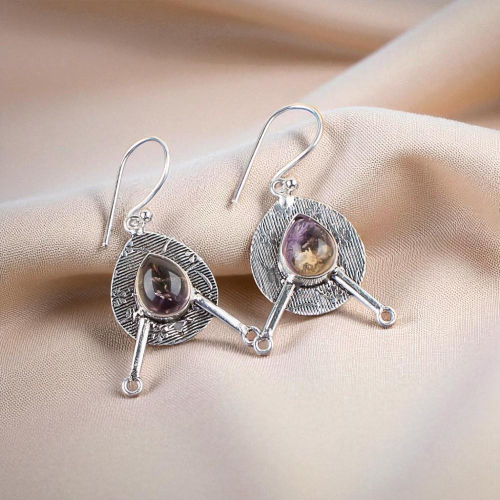 Natural Ametrine Gemstone 925 Sterling Silver Jewelry Handcrafted Earrings 1.86" EE-78-32