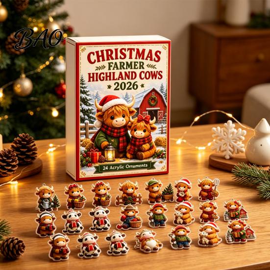 Decorative Tabletop Display 2026 Highland Cow Advent Calendar, 24 Day Christmas Countdown Calendar with 2D Acrylic Collectible Durable Hanging Pieces