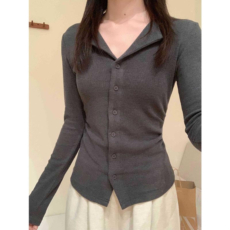 

Однобортная рубашка с начесом, женская осенне-зимняя, приталенная, с длинными рукавами, внутренний топ, лацканы, универсальный трикотаж XL темно-серого