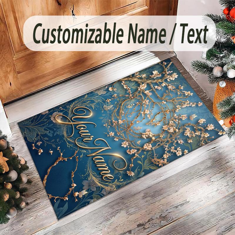 Floral Theme Crystal Velvet Rug Personalized Custom Name Text Soft Floor Mat Home Decor