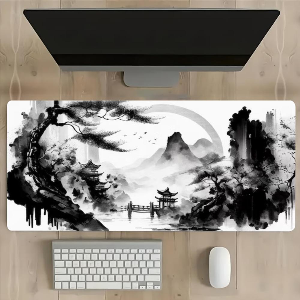 Chinese Ink Landscape Gaming Mouse Pad Large Desk Mat Mountain Temple Extended Keyboard Mat Non Slip Gamer Carpet For Office
