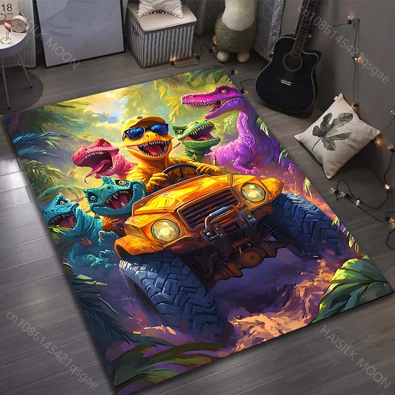 Dinosaurier Fahren mit Sonnenbrille Print Teppich für Schlafzimmer Wohnzimmer Bettseite Sofa Bodenmatte Moderne Heimdekoration Spielbereich Teppich