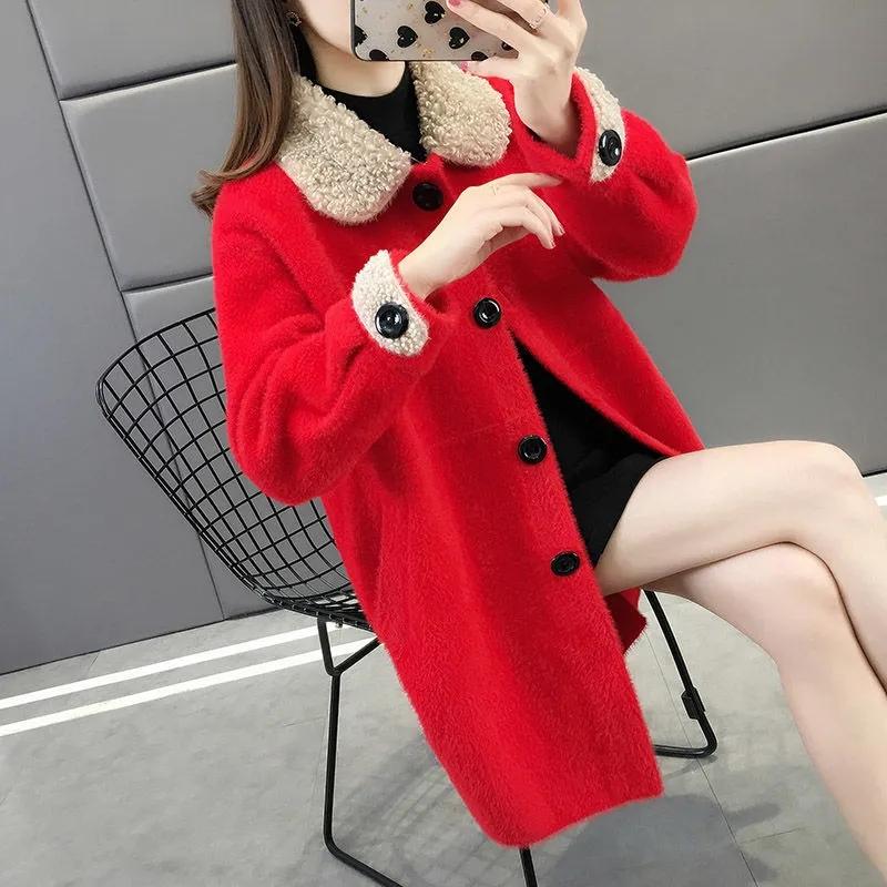 Imitação de vison veludo sólido gola virada casacos femininos coreano malha cardigan elegante manga longa topos outono outerwear solto feminino