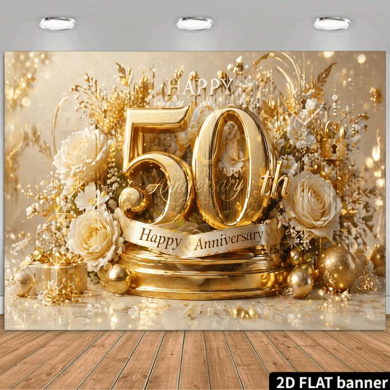 2D flaches Banner-Hintergrund für die Feier zum 50. Jahrestag, Thema Goldene Hochzeit, kombiniert mit 3D-goldenen 50er-Ziffern