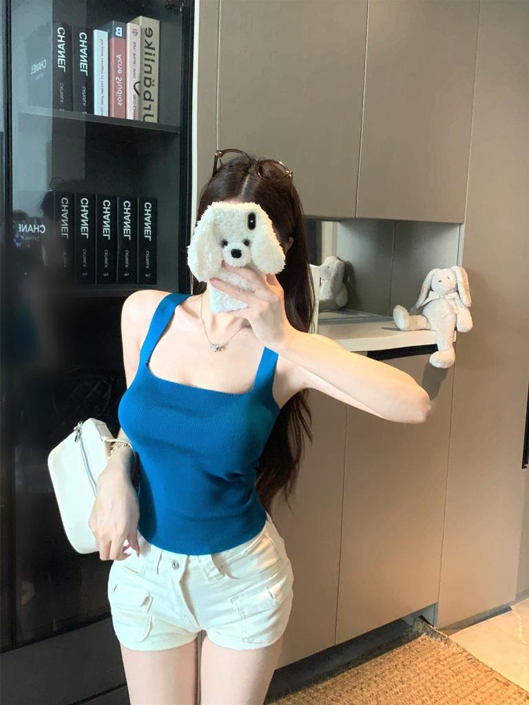 Yellow Square Neck Knitted I-shaped Sling Vest Women's Summer Inner Slim-fit Bottoming Shirt Spice Girl Short Outerwear Top