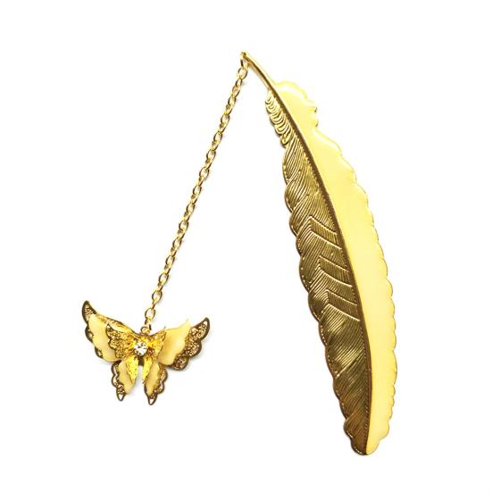 Metalinė žymė Šviečianti metalinė plunksna žymė su drugelio pakabuku Elegantiškas knygų žymeklis, skirtas namų mokyklai