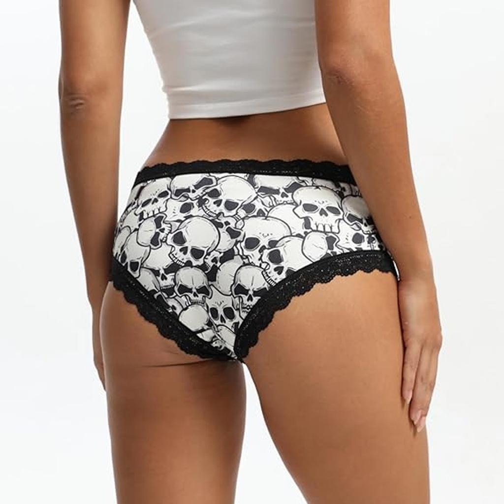 4 Pezzi Mutandine Hipster da Donna Gotico a Vita Bassa con Bordi in Pizzo a Contrasto, Stampe Teschio e Rosa per un Look di Halloween Sexy, Mutandine Hipster Comode