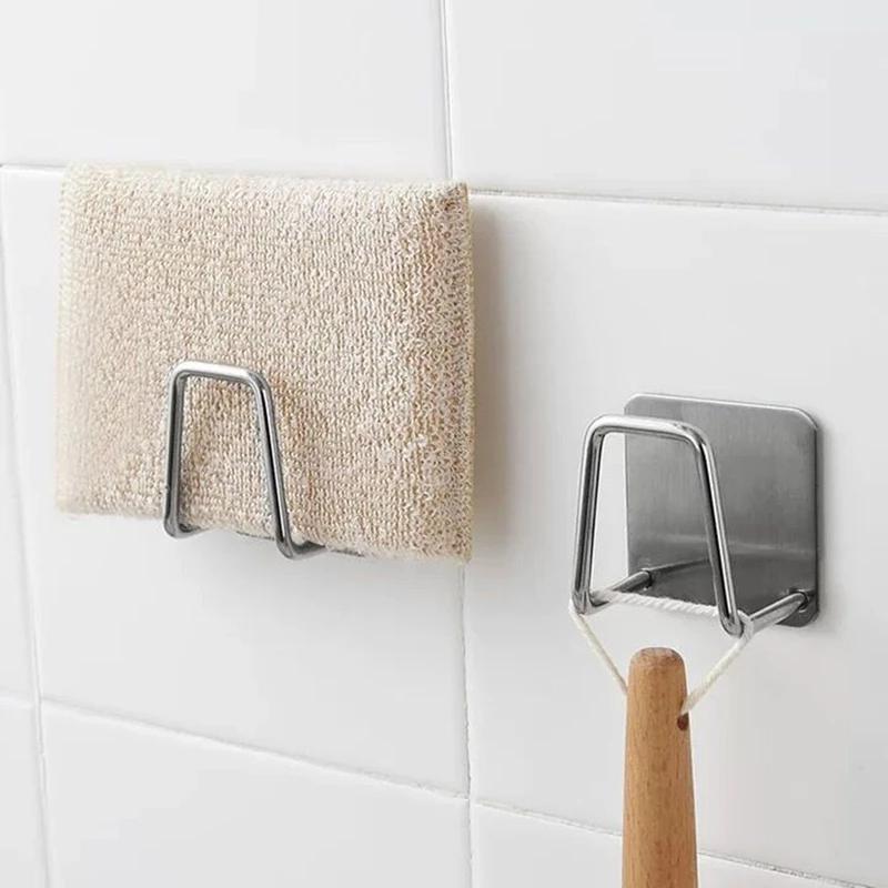 New Kitchen Stainless Steel Sponges Racks Self Adhesive Sink Sponges Drain Drying Rack Kitchen Sink Accessories Storage Holders