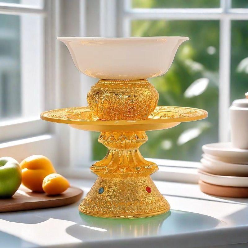 Tibetan Tantric Alloy Tall Tray Auspicious Tribute White Porcelain Buddhism Plate Home Gift Indoor Altars Desktop Decorative