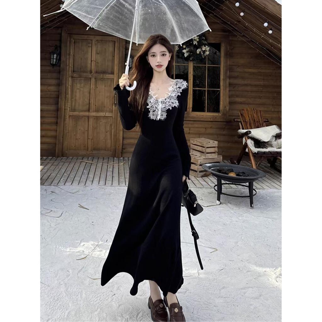 French small fragrance Hepburn style black v-neck dress children's early autumn wear new high-end inner long dress
