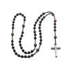 Natural Lava Stone Tiger Eye Beads Long Necklace with Hematite Cross Pendant Mens Rosary Jewelry