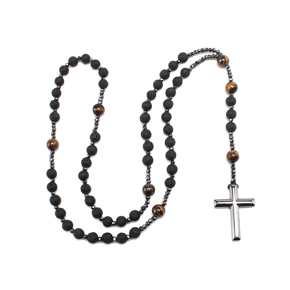 Natural Lava Stone Tiger Eye Beads Long Necklace with Hematite Cross Pendant Mens Rosary Jewelry