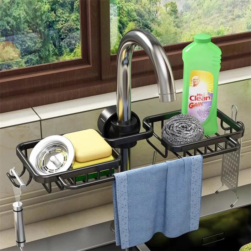 Kitchen Faucet Storage Rack, Sponge Soap Drainage Storage Rack, Hanging Sink Storage Rack with Towel Bar