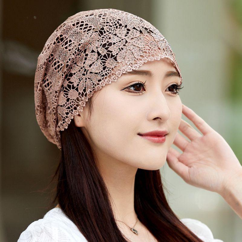 Women's Single Layer Hollow Slouchy Hat Summer Stylish Rhinestone Flower Turban Fashion Lace Pull-On Cap