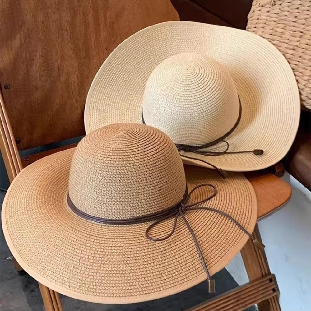 New Wide Brim Straw Hat Foldable Uv Protection Panama Cap Bowknot Strap Sun Hat Ladies Women