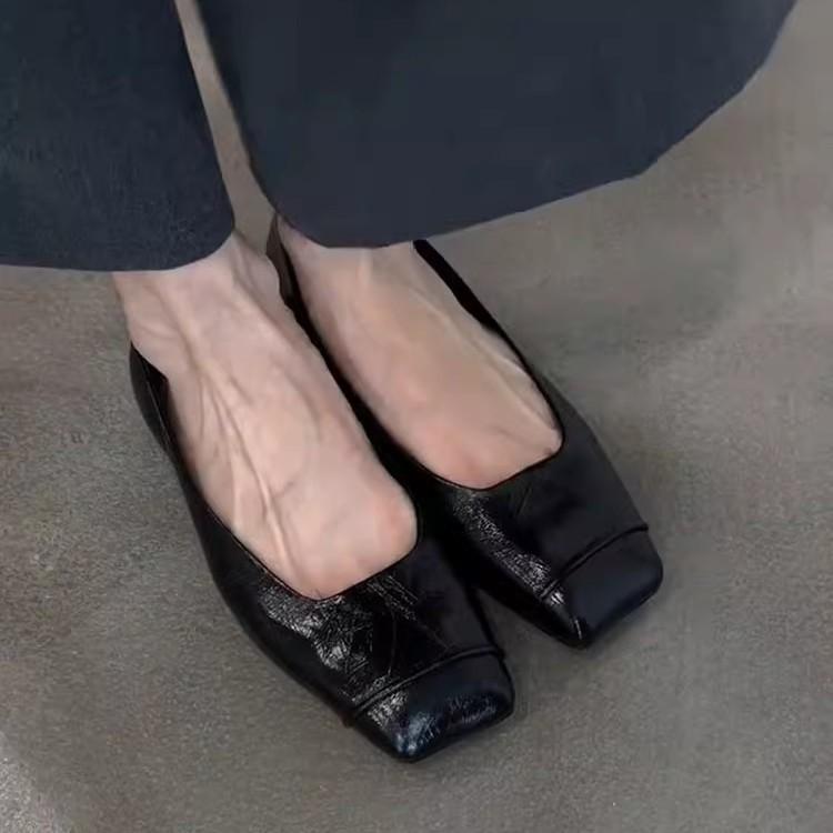 Sheepskin version~ black retro thin leather comfortable commuting flat shoes women's minimalist square head one pedal small single shoes