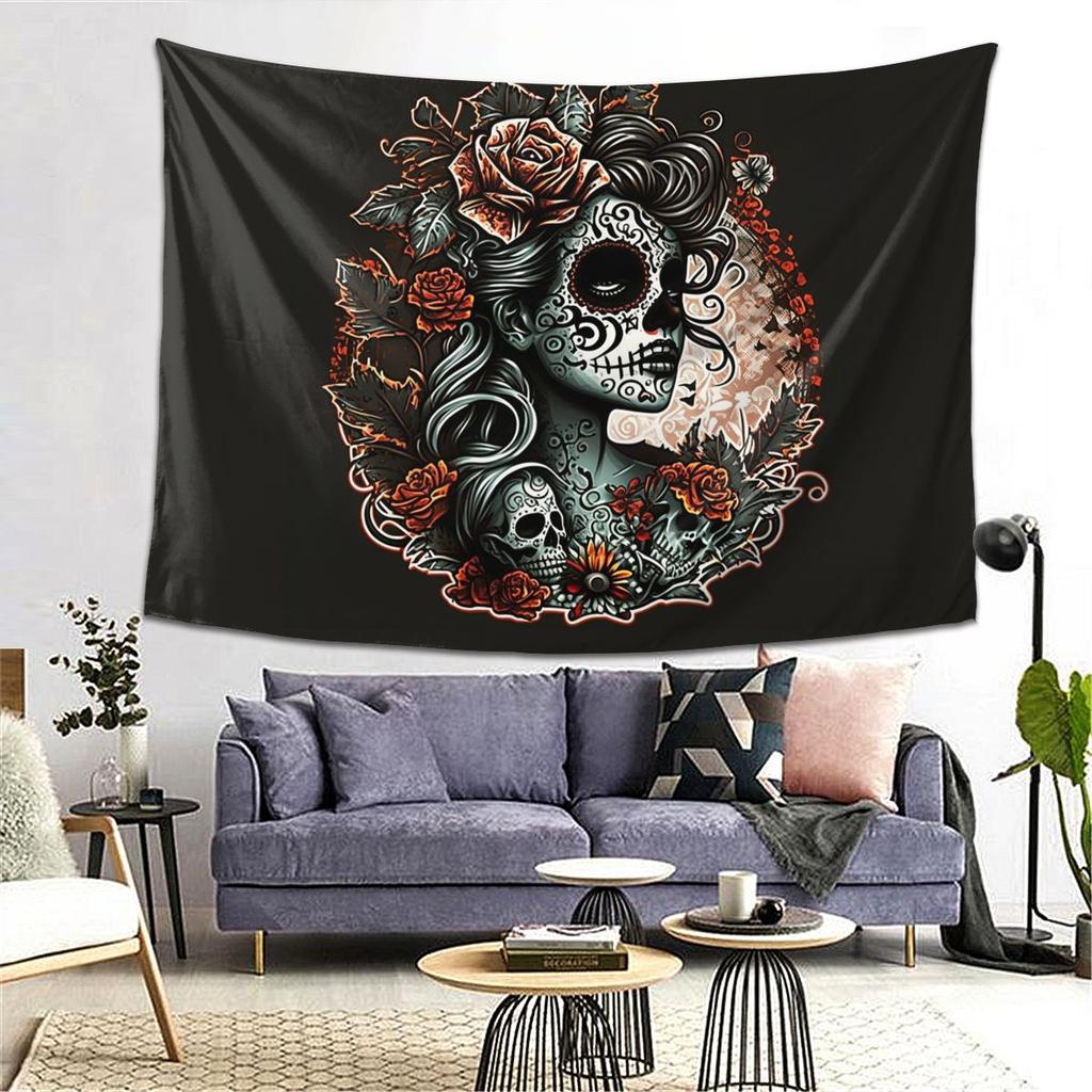 Alexander Gothic Las Elegantes Girls Day Of Dead Skull Tapestry Decoration Art Aesthetic Tapestries Home Wall Cloth Wall Hanging