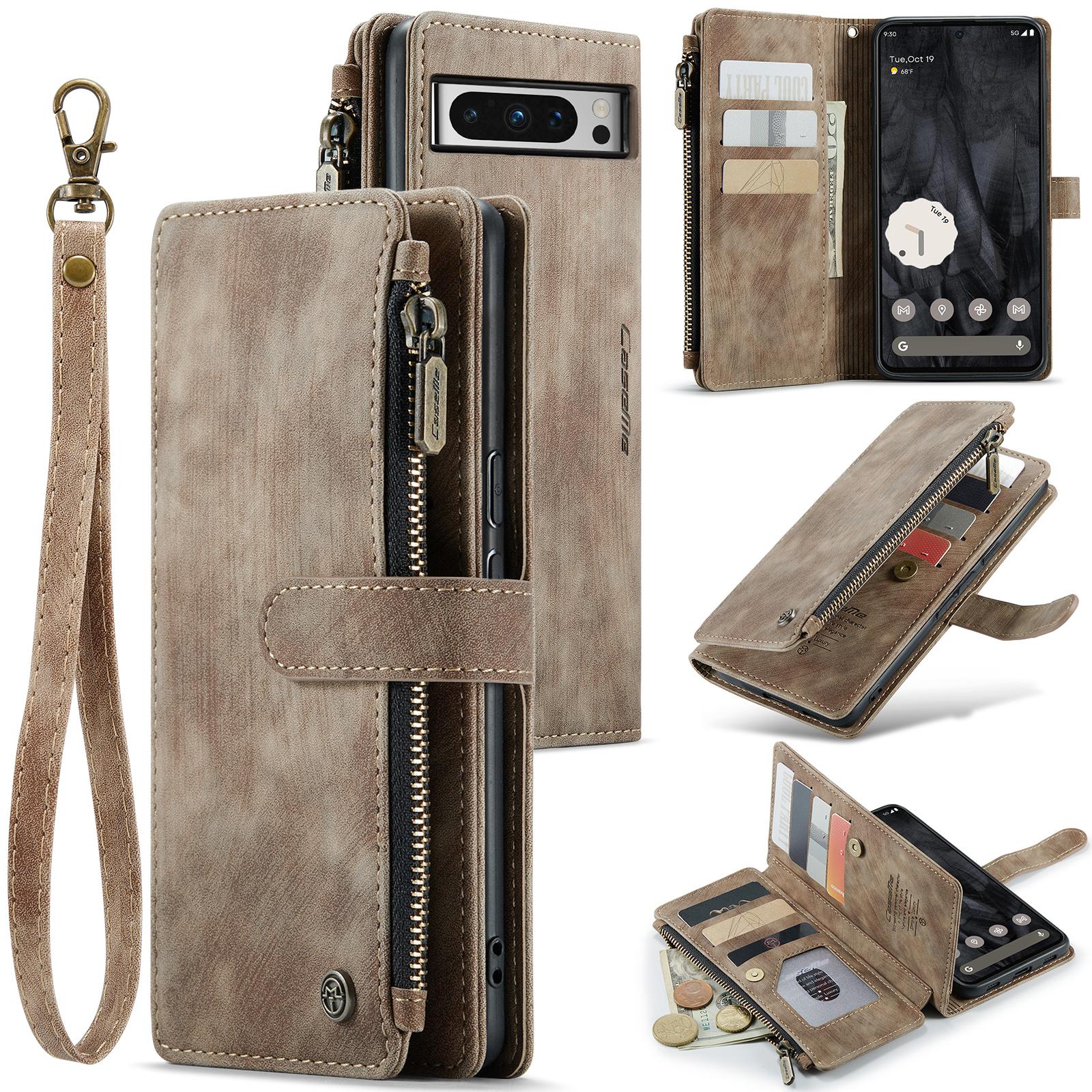 

For Google Pixel 8 Pro Phone Cases with Strap CASEME C30 Zipper Multiple Card Holder PU Leather Cover Brown