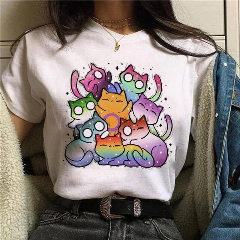 Kawaii Women's Sweet 90s Women's Cartoon Cat Summer Fashion Print Short-sleeved Cute Clothes Tops T-shirts T-shirts