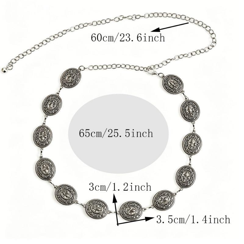 1PC popular ethnic style old ancient silver waist chain, retro carved round brand design versatile clothing accessories